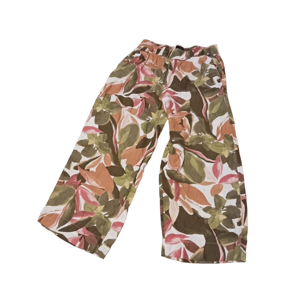 Tahari 100% Linen Ivy Green Peach Wide Leg Cropped Pants Ladies Medium